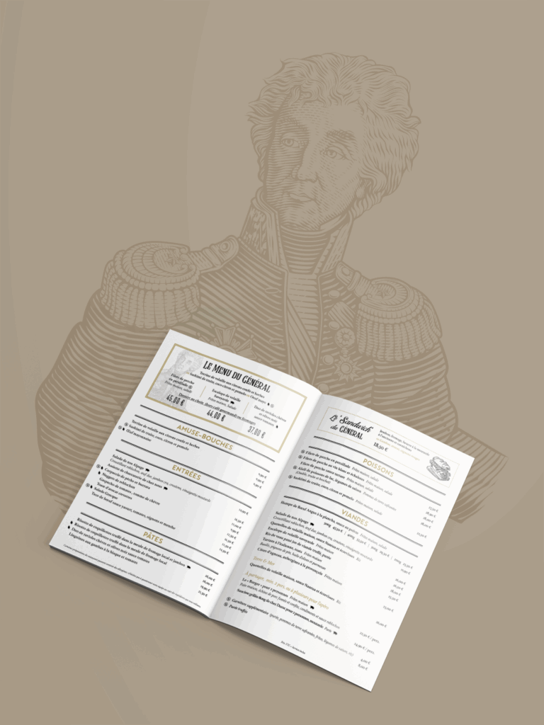 Le Général communication material, illustrated restaurant menu created by Slush